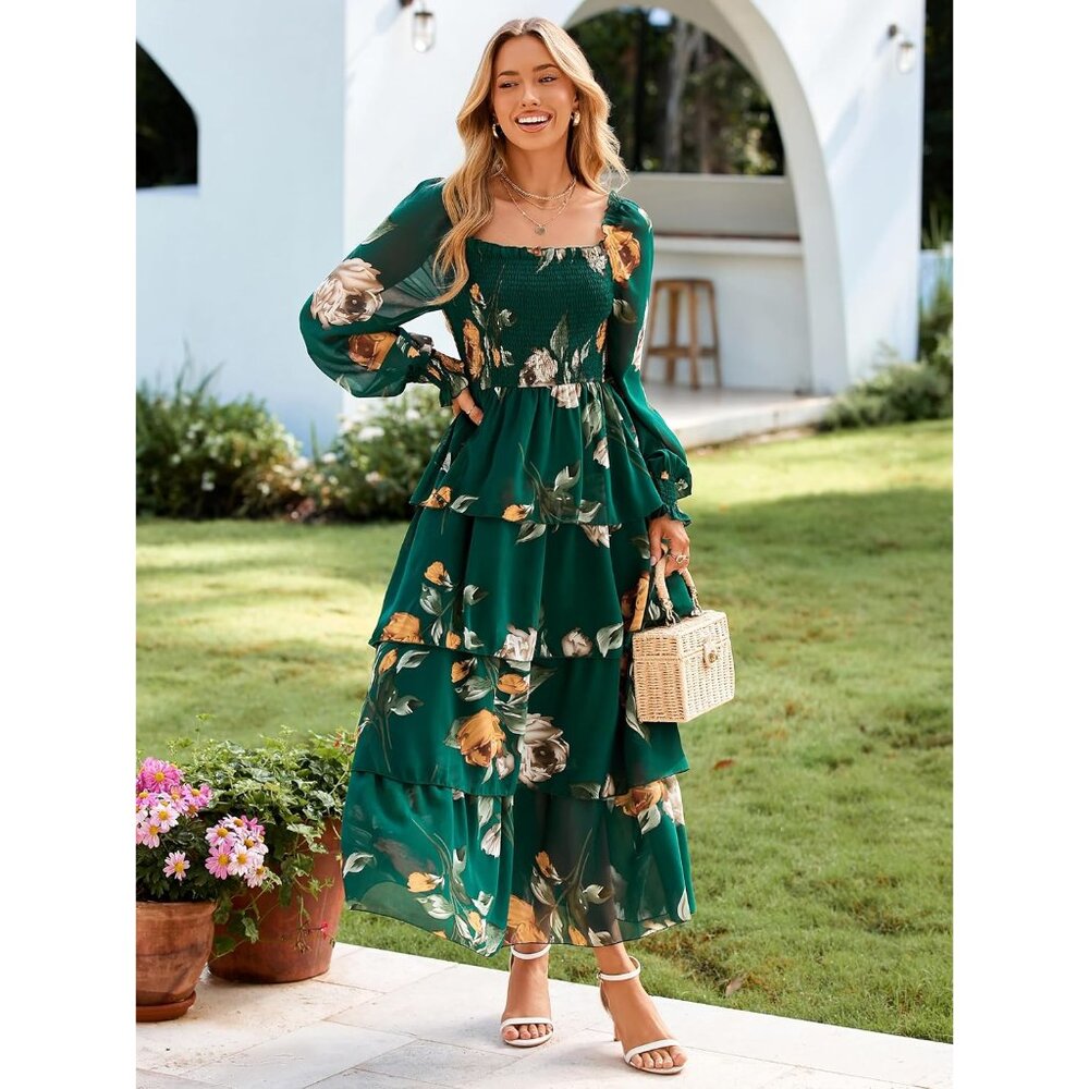 Women's Floral Long Sleeve Maxi Dress Smocked Tiered Square Neck Fall Boho - Picture 6 of 6
